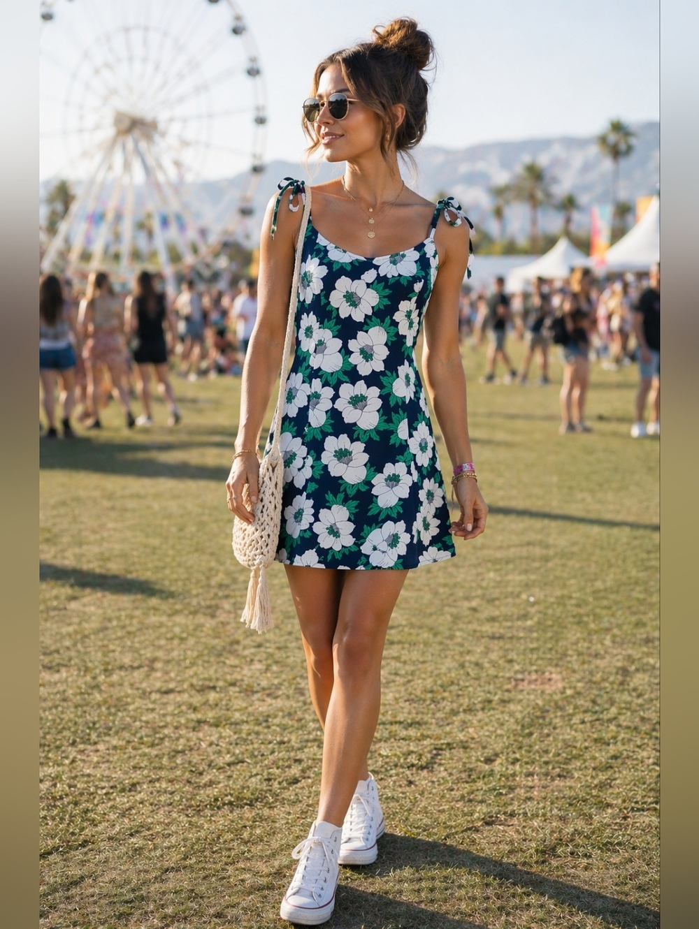 Navy Floral Tie Strap Mini Dress Small 90s Aesthetic - Picture 2 of 11